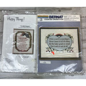Lot 2 Counted Cross Stitch Kits Bernat Sampler & Christmas Quote Needlework NOS